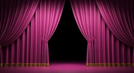 Open luscious magenta stage curtains reveal dark space, perfect for dramatic presentations