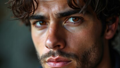 Obraz premium Close up portrait of a man with intense gaze. Young male with expressive eyes shows emotions. Face details include beard skin texture and striking light play