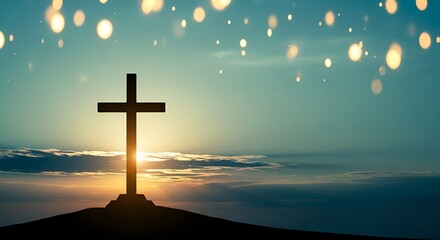 Dramatic cross silhouette against stunning sunset sky evokes faith, hope and spiritual reflection