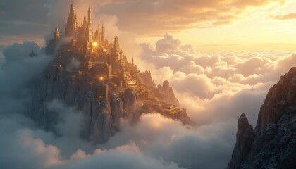 Golden city built on mountain peak above clouds. Majestic architecture with towers and domes bathed in sunset light. Heavenly metropolis glows under golden hour sky.
