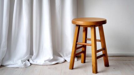 Wooden stool sits in front of a white curtain