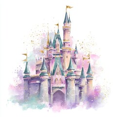 Whimsical princess castle with shimmering towers and gold flags  for nursery decor