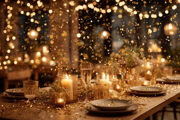 Fototapeta premium Elegant celebration table setting adorned with golden confetti and soft candlelight ambiance, creating a festive mood for a special occasion gathering with champagne.