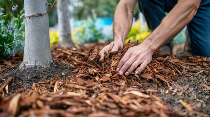 Person Spreading Mulch Around the Base of Trees