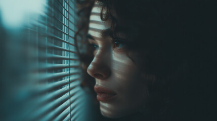 Person Looking Out a Window with Blinds Half Closed, Suspicious Mood