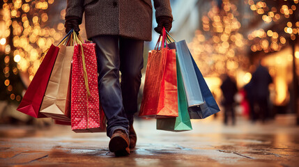 Man Carrying Shopping Bags Filled with Christmas Presents