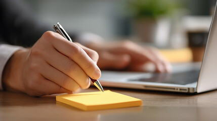 Man Writing a To-Do List on a Sticky Note Next to a Laptop