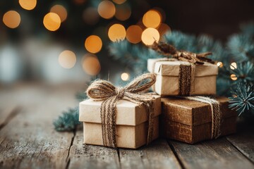 A pile of rustic Christmas gifts wrapped with twine, sitting on a wooden surface with pine branches and festive lights in the soft background.