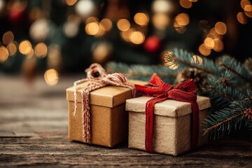 Two beautifully wrapped Christmas presents with red and white ribbons displayed on a rustic wooden surface, with bokeh lights and pine branches in the background.