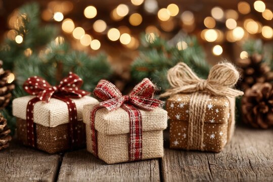 Festive Christmas gifts with charming ribbons and natural decorations on rustic wood, with bokeh lights adding a warm and joyful holiday spirit to the setting. - Powered by Adobe