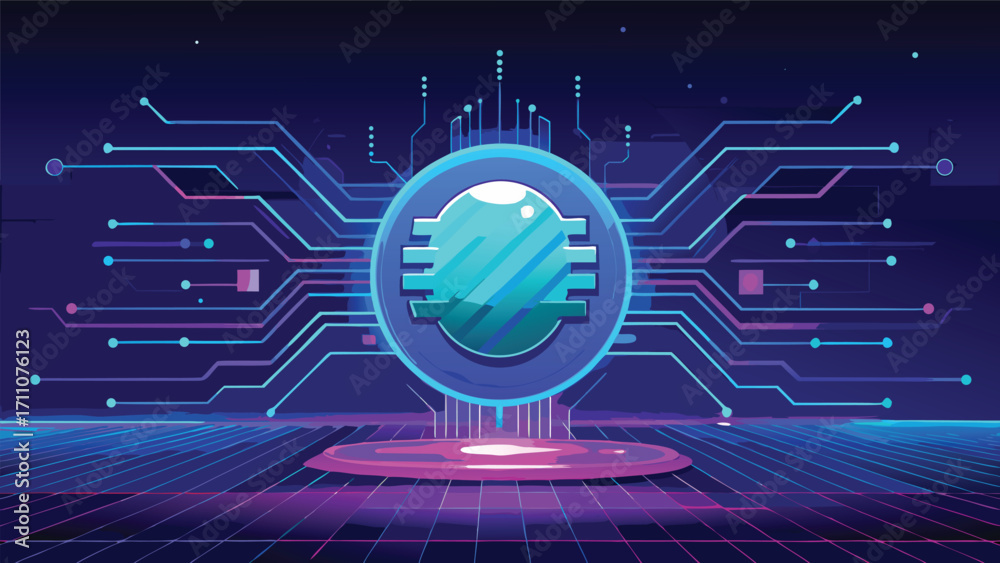 Wall mural futuristic digital circuit board with glowing technology chip and abstract cyber network design back