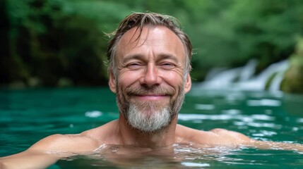 Man with a beard is smiling while swimming in a pool