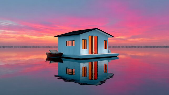 The house is surrounded by water and the sky is filled with warm colors