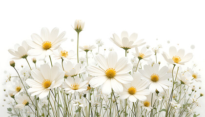 Fototapeta premium Delicate white cosmos flowers in full bloom against a white background.