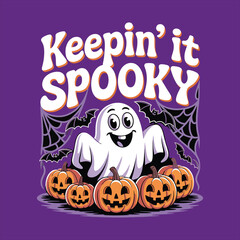 Halloween T-Shirt Design with Happy Ghost, Pumpkins, and Bats