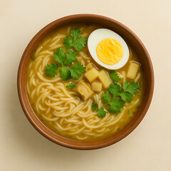 Delicious Bowl of Burmese Mohinga Noodle Soup with Egg and Cilantro.