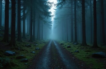 Fototapeta premium Dim, damp forest path shrouded in mist. Tall trees line a wet dirt road leading into mysterious fog. Green moss covers rocks and ground, creating a quiet, cool, scenic woodland.