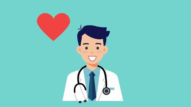 Flat vector illustration of a smiling female doctor with stethoscope and red heart with heartbeat line symbol, representing online healthcare and medical consultation.