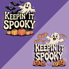 Halloween T-Shirt Design with Cute Ghost, Pumpkins, and Bats
