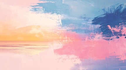 Abstract painting featuring a serene sunset over water with blended pastel colors and brushstrokes