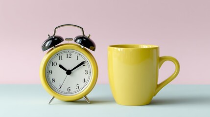 Yellow alarm clock sits on a table next to a yellow coffee mug