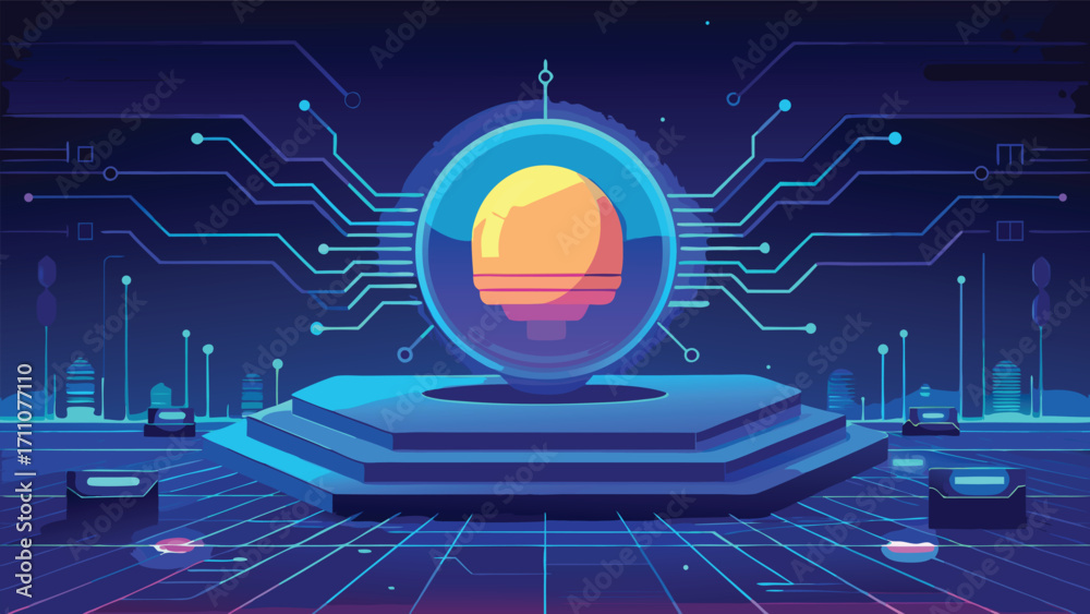 Wall mural futuristic digital circuit board with glowing technology chip and abstract cyber network design back