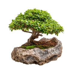 A meticulously shaped green bonsai tree with lush foliage in a rustic stone pot showcasing intricate root detail isolated on transparent background