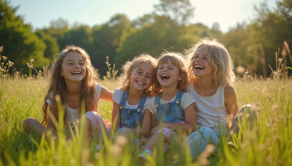 Four young girls laugh together sitting in green sunny field surrounded by trees. Happy children enjoy summer day outdoors, feel carefree, joyful. Bright smiles show pure delight, strong sibling