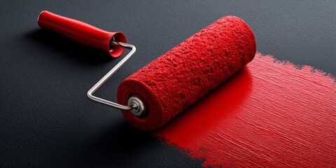 A red paint roller leaves a bold, vibrant streak on a dark, textured wall. The image captures creativity, transformation, and the energy of renovation.