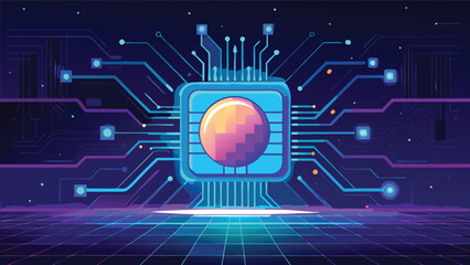 Futuristic Digital Circuit Board with Glowing Technology Chip and Abstract Cyber Network Design Background