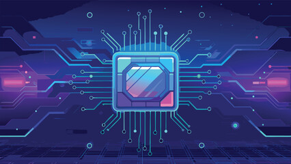Futuristic Digital Circuit Board with Glowing Technology Chip and Abstract Cyber Network Design Background