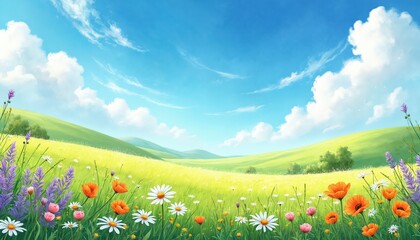 Watercolor landscape shows lush green hills under bright blue sky with fluffy clouds. Diverse wildflowers bloom in foreground meadows. Artistic nature scene evokes peace and summer freshness.