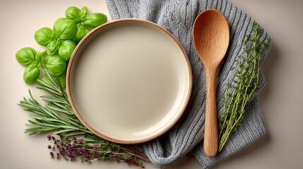 Plate with a spoon and herbs on top of a table