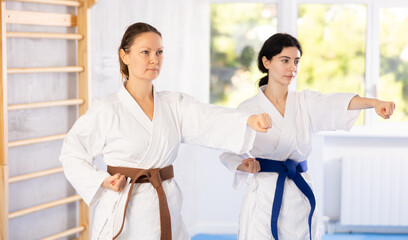 Two female karate practitioners stood confidently in their stances, ready for action.