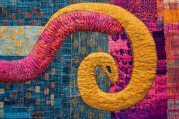 Close up of a colorful fabric art piece featuring a swirling pattern in pink and yellow hues design