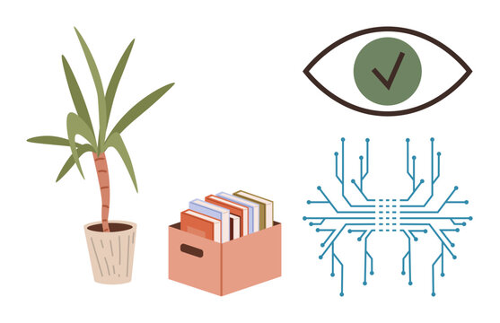 Potted plant, container with stacked books, eye graphic with checkmark, and a digital circuit design. Ideal for education, innovation, reading, sustainability, decision-making technology simple