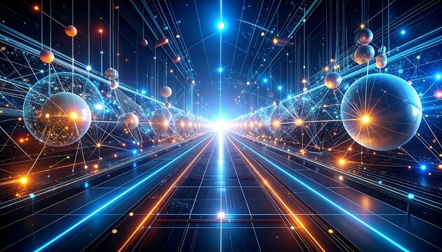 A vibrant, futuristic scene with glowing lines and spheres, creating a sense of technological advancement and interconnectedness, with bright light