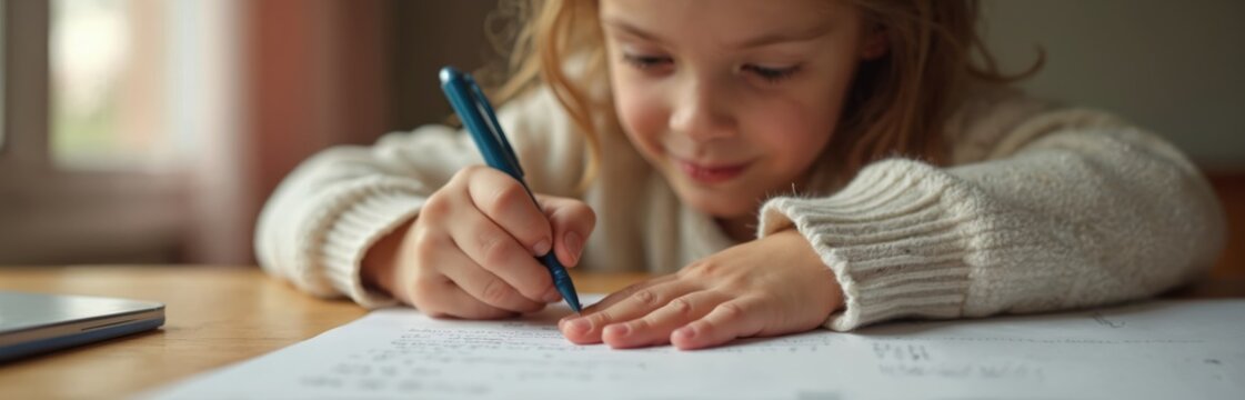 Small child writes with pen on paper at desk. Young girl wears cozy sweater, focuses on homework task. Education concept, indoor scene, close-up on hands.