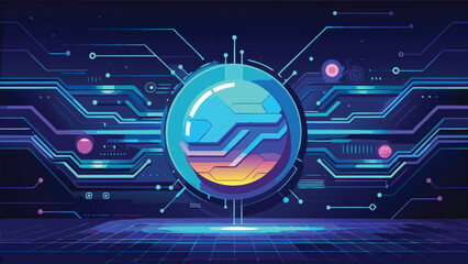 Futuristic Digital Circuit Board with Glowing Technology Chip and Abstract Cyber Network Design Background