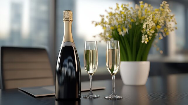 A luxurious bottle of champagne stands beside two elegant flutes on a polished table, with a vibrant flower arrangement in the background, Ideal for celebrations, toasting, or upscale events,