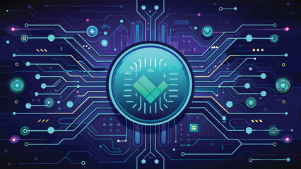 Futuristic Digital Circuit Board with Glowing Technology Chip and Abstract Cyber Network Design Background