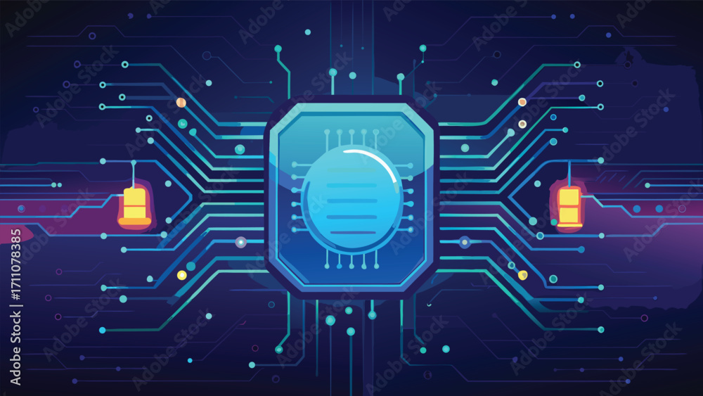 Wall mural futuristic digital circuit board with glowing technology chip and abstract cyber network design back