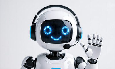 Friendly Robot Customer Service Representative Waving, Isolated on White Background