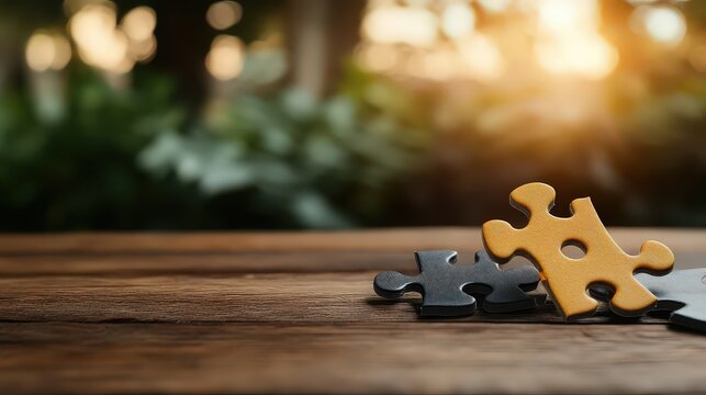 A close-up view of two puzzle pieces on a wooden table with a blurred green background, perfect for concepts related to problem-solving, teamwork, or connecting ideas,