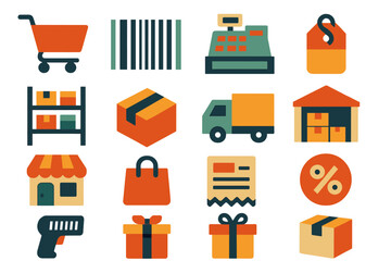 E-commerce flat icon set. featuring cart, barcode, register, tag, shelf, box, truck, warehouse, store, and scanner symbols