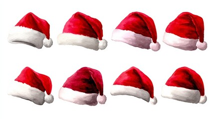Series of red and white santa hats are shown in a row