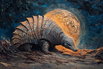 Fototapeta premium Painting of an armadillo in a surreal landscape with a large moon and starry night sky background