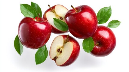 Bunch of apples with green leaves on top