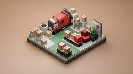 Miniature Delivery Truck Scene with Boxes and Plants