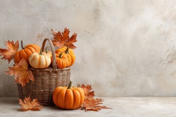 Fototapeta na wymiar Decorative basket of pumpkins with autumn leaves on a textured neutral background